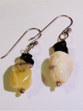 Artisan Made Sterling Silver Yellow Moss Agate  Obsidian Nugget Drop Earrings